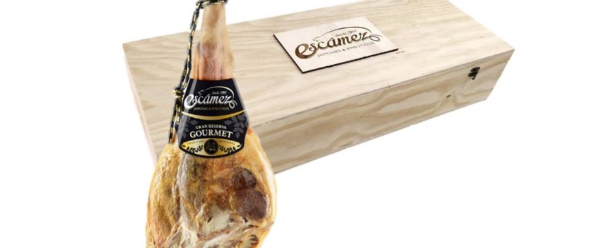 Jamón Serrano Gran Reserva Gourmet Escámez con cofre de madera. Versión lujo.
